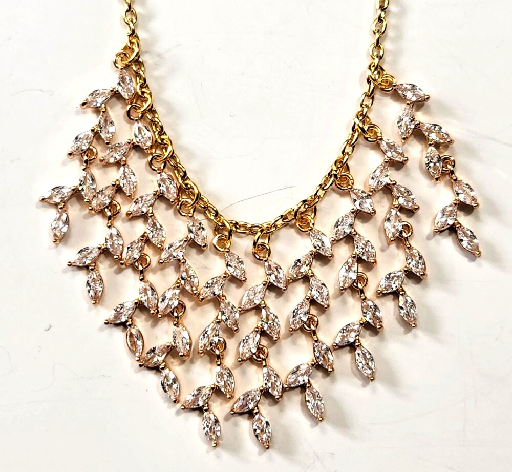 Goldtone Bib Choker Necklace Cascading Marquise-cut Crystal Branches Bridal Look